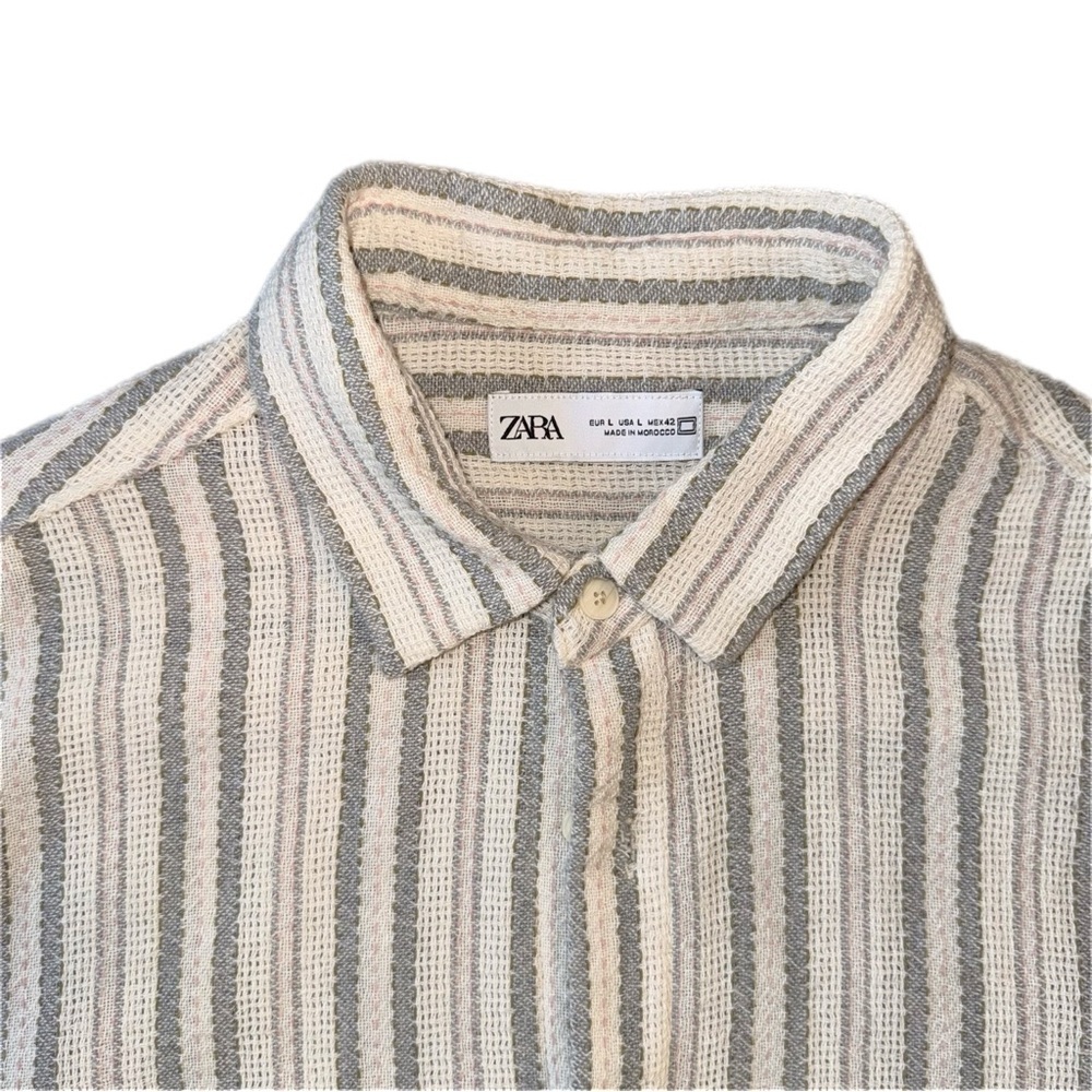 Zara Men's Casual Striped Shirt - Cream and Blue - Picture 2 of 6